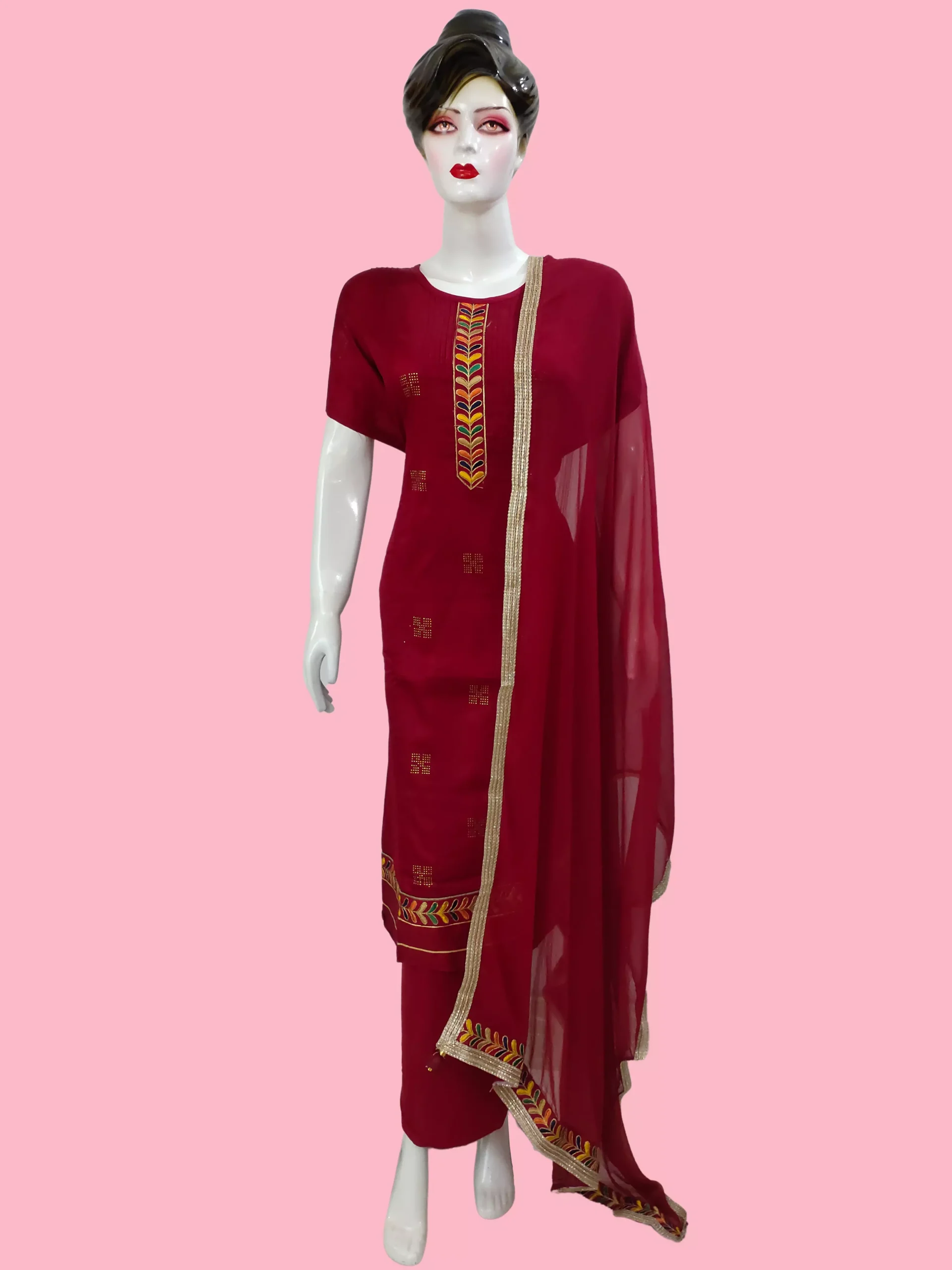 claret color unstitched suit with dupatta
